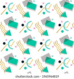Memphis nahtloses Muster geometrischer Formen für Gewebe und Postkarten. Hipster-Poster, saftiger, heller Hintergrund. Kreative abstrakte Geometrie Form Modedruck.
