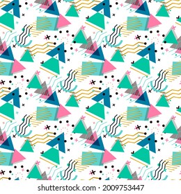 Memphis seamless pattern of geometric shapes for tissue and postcards. Hipster juicy, bright color background. Creative abstract geometry shape fashion print.