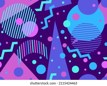 Memphis seamless pattern with geometric shapes in 80s and 90s style. Geometric shapes of different shapes and colors. Design of promotional products, wrapping paper and printing. Vector illustration