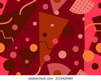 Memphis seamless pattern with geometric shapes in 80s and 90s style. Geometric shapes of different shapes and colors. Design of promotional products, wrapping paper and printing. Vector illustration