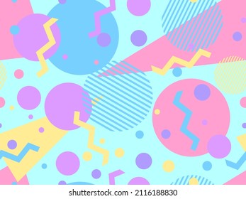 Memphis seamless pattern with geometric shapes in 80s and 90s style. Geometric shapes of different shapes and colors. Design of promotional products, wrapping paper and printing. Vector illustration