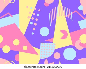 Memphis seamless pattern with geometric shapes in 80s and 90s style. Geometric shapes of different shapes and colors. Design of promotional products, wrapping paper and printing. Vector illustration