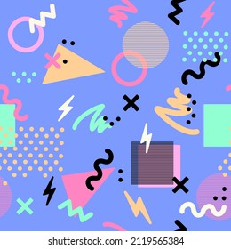 Memphis seamless pattern with geometric shapes in the style of the 80s-90s. Vector Illustration for tissue and postcards. Abstract colorful funky background.