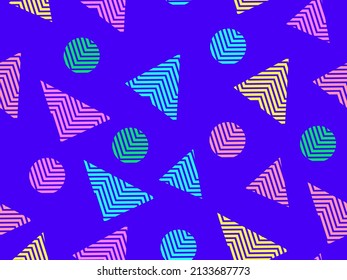 Patrón sin fisuras con formas geométricas en el estilo de los años 80. Resumen de diseño de fondo colorido para folletos, pancartas y artículos promocionales. Ilustración del vector