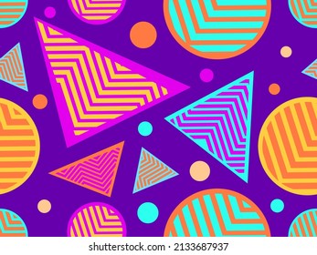 Patrón sin fisuras con formas geométricas en el estilo de los años 80. Resumen de diseño de fondo colorido para folletos, pancartas y artículos promocionales. Ilustración del vector