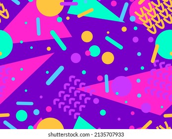 Memphis seamless pattern with geometric shapes in 80s style. Abstract colorful background design for brochures, banners and promotional items. Vector illustration