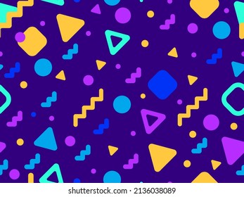 Memphis seamless pattern with geometric shapes in 80s style. Abstract colorful background design for brochures, banners and promotional items. Vector illustration