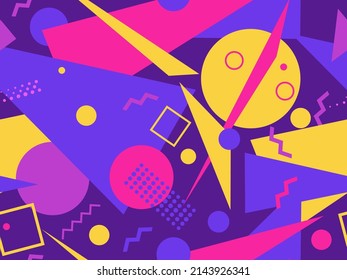 Passwortlose Muster mit geometrischen Formen im Stil der 80er Jahre. Geometrisches Retro-Muster. Abstraktes Hintergrunddesign für Broschüren, Banner und Werbeartikel. Vektorgrafik