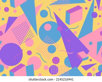 Memphis seamless pattern with geometric shapes in 80s style. Geometric retro pattern. Abstract background design for brochures, banners and promotional items. Vector illustration