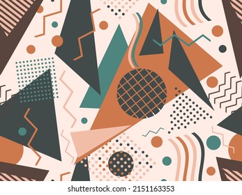 Memphis seamless pattern with geometric shapes in 80s and 90s style. Geometric shapes of different shapes and colors. Design of promotional products, wrapping paper and printing. Vector illustration