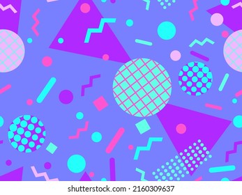 Memphis seamless pattern with geometric shapes in 80s style. Colorful geometric pattern. Design of promotional products, wrapping paper and printing. Vector illustration