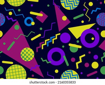 Memphis seamless pattern with geometric shapes in 80s style. Colorful geometric pattern. Design of promotional products, wrapping paper and printing. Vector illustration