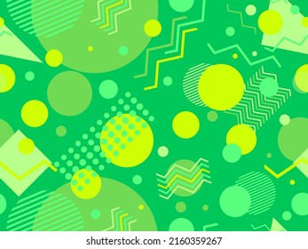 Memphis seamless pattern with geometric shapes in 80s style. Colorful geometric pattern. Design of promotional products, wrapping paper and printing. Vector illustration