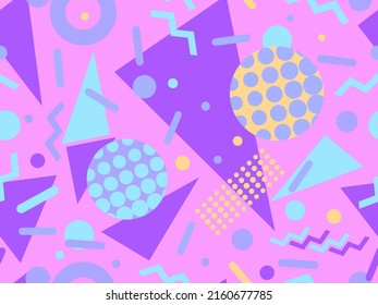 Memphis seamless pattern with geometric shapes in 80s style. Colorful geometric pattern. Design of promotional products, wrapping paper and printing. Vector illustration