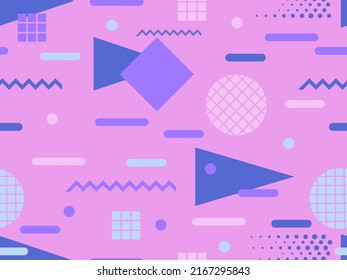 Memphis seamless pattern with geometric shapes in 80s style. Colorful geometric pattern. Design of promotional products, wrapping paper and printing. Vector illustration