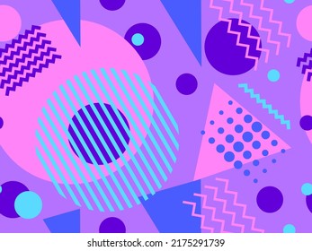Memphis seamless pattern with geometric shapes in 80s style. Colorful geometric pattern. Design of promotional products, wrapping paper and printing. Vector illustration