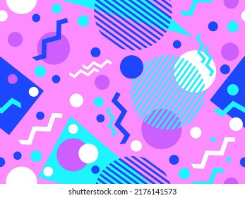 Memphis seamless pattern with geometric shapes in 80s style. Colorful geometric pattern. Design of promotional products, wrapping paper and printing. Vector illustration