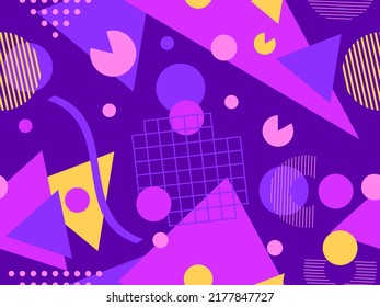 Patrón sin fisuras con formas geométricas en el estilo de los años 80. Patrón geométrico colorido. Diseño de productos promocionales, papel envolvente e impresión. Ilustración del vector