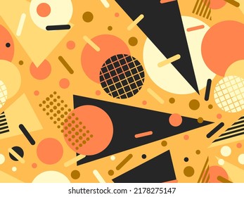 Memphis seamless pattern with geometric shapes in 80s style. Colorful geometric pattern. Design of promotional products, wrapping paper and printing. Vector illustration