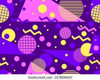 Memphis seamless pattern with geometric shapes in 80s style. Colorful geometric pattern. Design of promotional products, wrapping paper and printing. Vector illustration