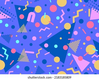 Memphis seamless pattern with geometric shapes in 80s style. Colorful geometric pattern. Design of promotional products, wrapping paper and printing. Vector illustration