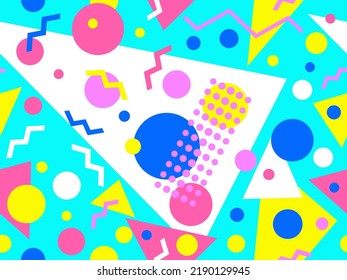 Memphis seamless pattern with geometric shapes in 80s style. Colorful geometric pattern. Design of promotional products, wrapping paper and printing. Vector illustration