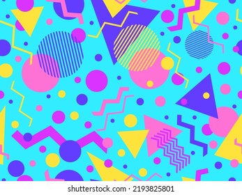 Patrón sin fisuras con formas geométricas en el estilo de los años 80. Patrón geométrico colorido. Diseño de productos promocionales, papel envolvente e impresión. Ilustración del vector
