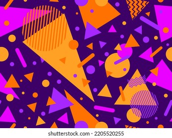 Memphis seamless pattern with geometric shapes in 80s style. Halloween color palette orange and purple. Design for promotional products, wrapping paper, brochures and printing. Vector illustration