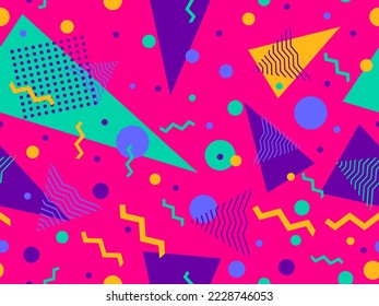 Memphis seamless pattern with geometric shapes in 80s style. Colorful geometric shapes on a blue background. Design of promotional products, wrapping paper and printing. Vector illustration