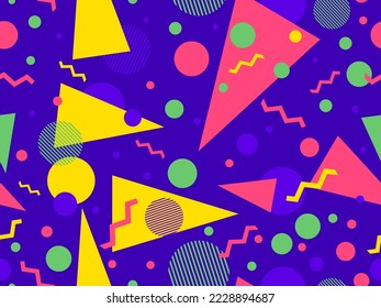Memphis seamless pattern with geometric shapes in 80s style. Colorful geometric shapes on a violet background. Design of promotional products, wrapping paper and printing. Vector illustration