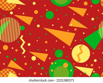 Memphis seamless pattern with geometric shapes in 80s style. Colorful geometric pattern. Design of promotional products, wrapping paper and printing. Vector illustration