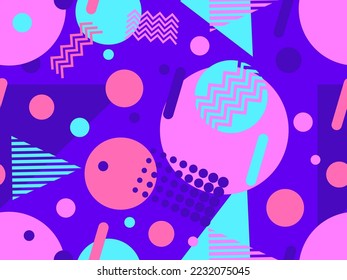 Patrón sin fisuras con formas geométricas en el estilo de los años 80. Formas geométricas coloridas sobre un fondo violeta. Diseño de productos promocionales, papel envolvente e impresión. Ilustración del vector