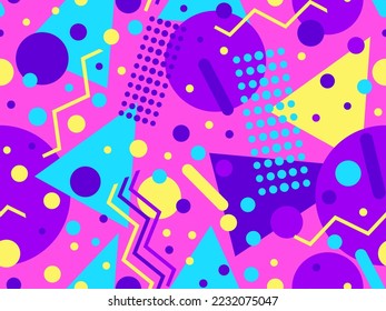Patrón sin fisuras con formas geométricas en el estilo de los años 80. Patrón geométrico colorido. Diseño de productos promocionales, papel envolvente e impresión. Ilustración del vector