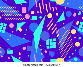 Patrón sin fisuras con formas geométricas en el estilo de los años 80. Formas geométricas coloridas sobre un fondo azul. Diseño de productos promocionales, papel envolvente e impresión. Ilustración del vector