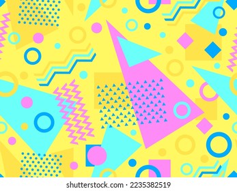 Patrón sin fisuras con formas geométricas en el estilo de los años 80. Patrón geométrico colorido. Diseño de productos promocionales, papel envolvente e impresión. Ilustración del vector