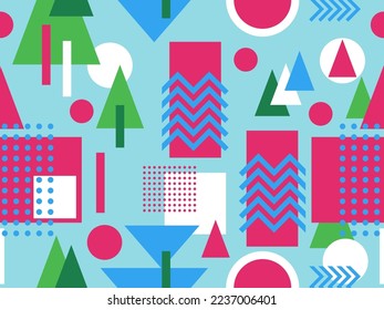 Memphis seamless pattern with geometric shapes in 80s style. 
Colorful geometric shapes, bauhaus style elements. Design of promotional products, wrapping paper and printing. Vector illustration