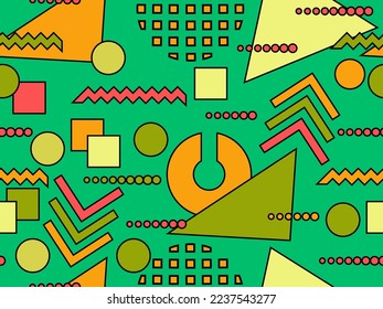 Patrón sin fisuras con formas geométricas en el estilo de los años 80. 
Formas geométricas coloridas, elementos de estilo bauhaus. Diseño de productos promocionales, papel envolvente e impresión. Ilustración del vector
