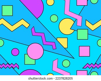 Memphis seamless pattern with geometric shapes in 80s style. 
Colorful geometric shapes, bauhaus style elements. Design of promotional products, wrapping paper and printing. Vector illustration