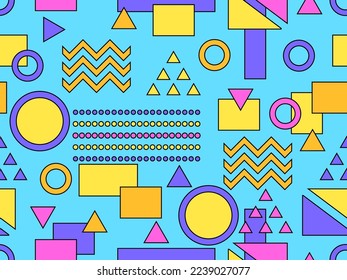 Passwortlose Muster mit geometrischen Formen im Stil der 80er Jahre. 
Farbige geometrische Formen, Bauhaus-Elemente. Design von Werbeprodukten, Verpackungspapier und Druck. Vektorgrafik