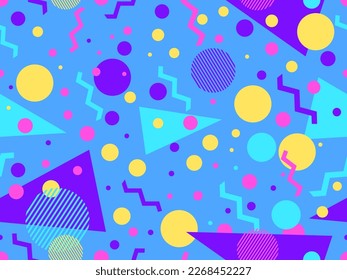 Memphis seamless pattern with geometric shapes in 80s style. Colorful geometric pattern. Design of promotional products, wrapping paper and printing. Vector illustration