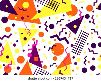 Patrón sin fisuras con formas geométricas en el estilo de los años 80. Patrón geométrico colorido. Diseño de productos promocionales, papel envolvente e impresión. Ilustración del vector