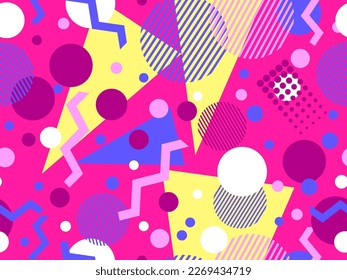 Patrón sin fisuras con formas geométricas en el estilo de los años 80. Patrón geométrico colorido. Diseño de productos promocionales, papel envolvente e impresión. Ilustración del vector