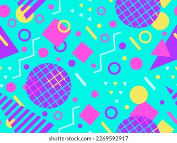 Passwortlose Muster mit geometrischen Formen im Stil der 80er Jahre. Farbiges geometrisches Muster. Design von Werbeprodukten, Verpackungspapier und Druck. Vektorgrafik