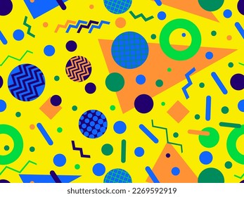 Patrón sin fisuras con formas geométricas en el estilo de los años 80. Patrón geométrico colorido. Diseño de productos promocionales, papel envolvente e impresión. Ilustración del vector