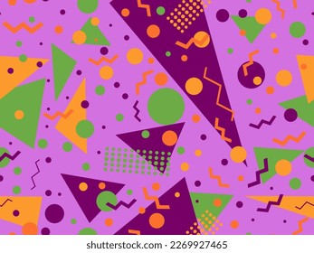 Memphis seamless pattern with geometric shapes in 80s style. Colorful geometric pattern. Design of promotional products, wrapping paper and printing. Vector illustration