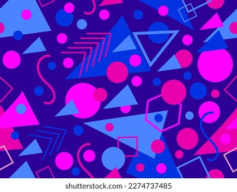 Memphis seamless pattern with geometric shapes in 80s style. Colorful geometric pattern. Design of promotional products, wrapping paper and printing. Vector illustration