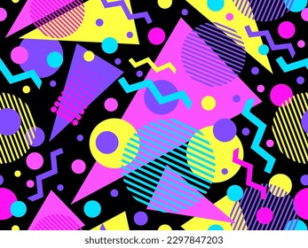 Memphis seamless pattern with geometric shapes in 80s style. Colorful geometric pattern. Design of promotional products, wrapping paper and printing. Vector illustration