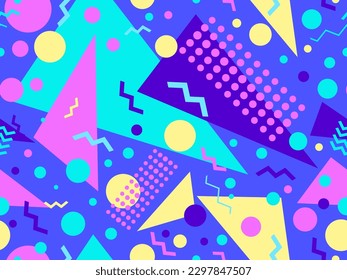 Patrón sin fisuras con formas geométricas en el estilo de los años 80. Patrón geométrico colorido. Diseño de productos promocionales, papel envolvente e impresión. Ilustración del vector