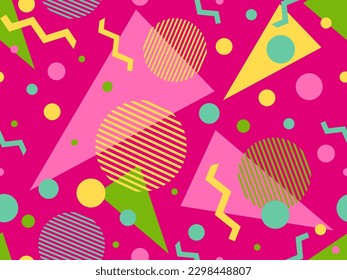 Memphis seamless pattern with geometric shapes in 80s style. Colorful geometric pattern. Design of promotional products, wrapping paper and printing. Vector illustration