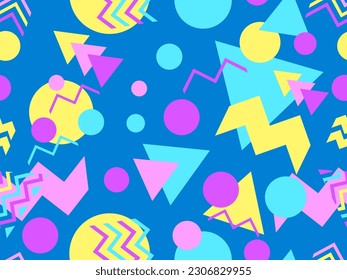 Patrón sin fisuras con formas geométricas en el estilo de los años 80. Patrón geométrico colorido. Diseño de productos promocionales, papel envolvente e impresión. Ilustración del vector